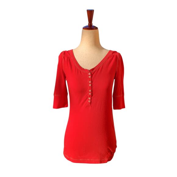 Y2k Abercrombie & Fitch Red 1/4 Sleeve Fitted Henley Top - Size Large - Picture 1 of 8